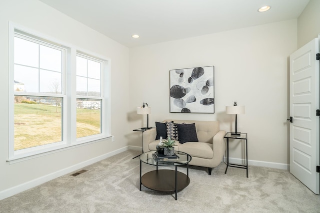 sitting room featuring light carpet