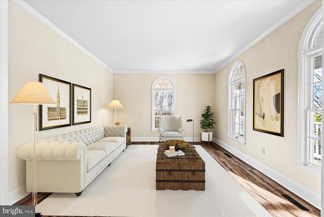 living room with wood-type flooring and ornamental molding