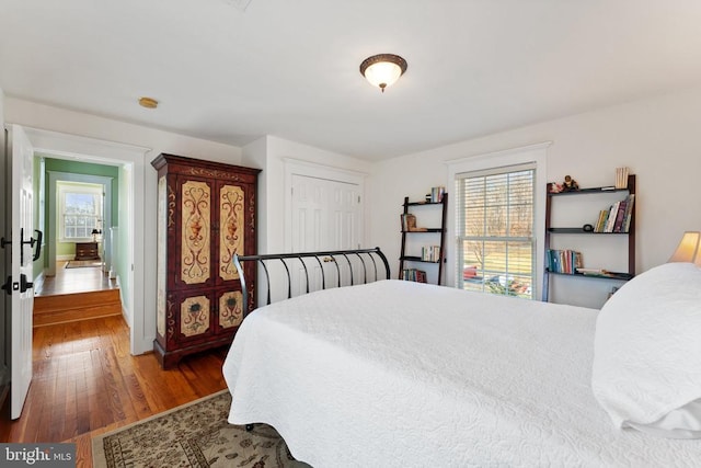 bedroom with a closet and dark hardwood / wood-style floors