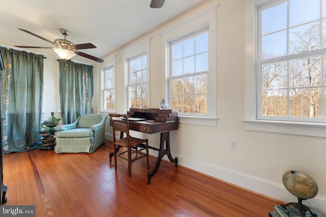 living area featuring hardwood / wood-style flooring, a wealth of natural light, and ceiling fan