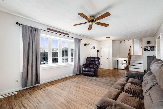 living area with light wood-type flooring, baseboards, and visible vents