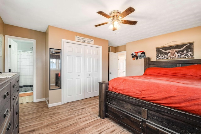 bedroom with ceiling fan, light wood finished floors, a closet, and baseboards