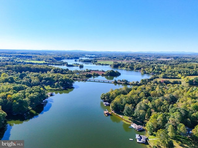 birds eye view of property with a water view and a wooded view
