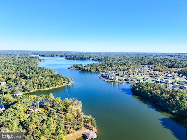 birds eye view of property with a wooded view and a water view