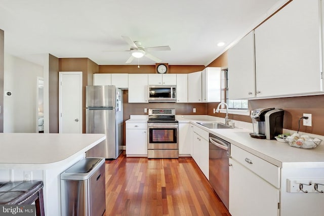 kitchen featuring white cabinetry, light countertops, a ceiling fan, appliances with stainless steel finishes, and a sink