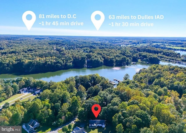 birds eye view of property with a view of trees and a water view
