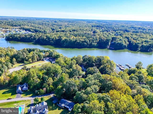 drone / aerial view featuring a wooded view and a water view