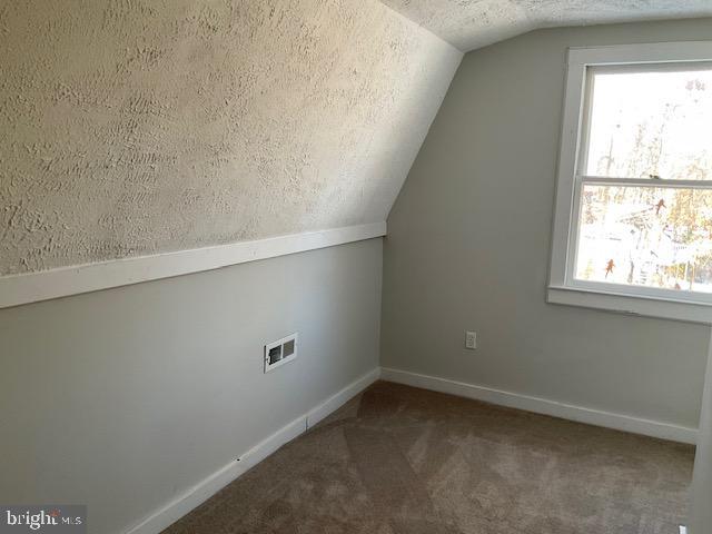 additional living space with dark colored carpet, plenty of natural light, lofted ceiling, and a textured ceiling