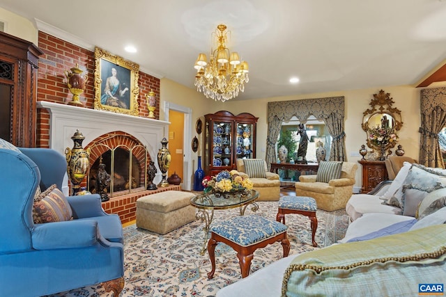 interior space featuring a brick fireplace and a notable chandelier