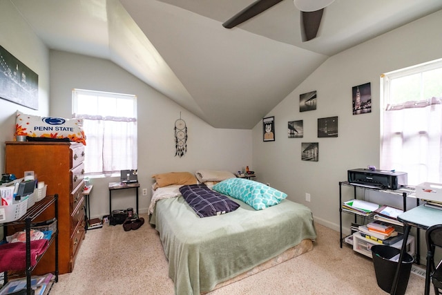 bedroom with ceiling fan and lofted ceiling