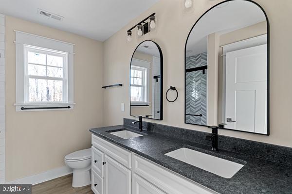 bathroom featuring vanity, hardwood / wood-style floors, walk in shower, and toilet