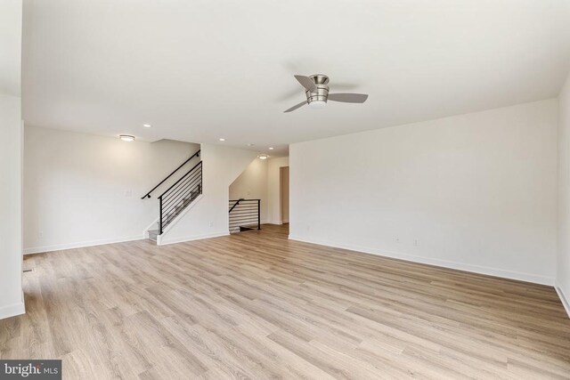 unfurnished living room featuring ceiling fan and light wood-type flooring