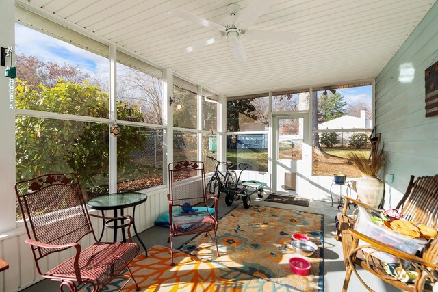 sunroom featuring plenty of natural light and ceiling fan