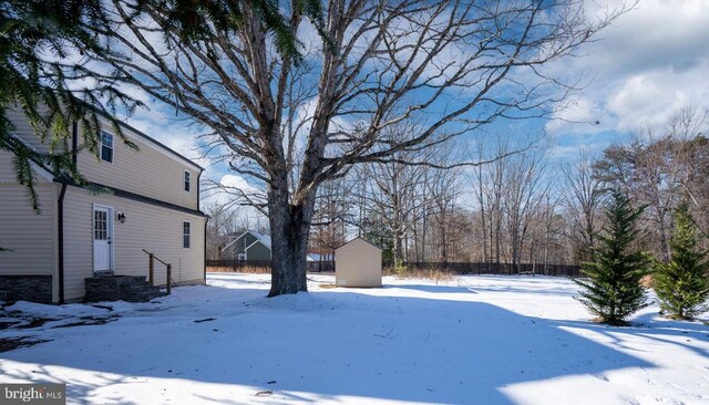 yard layered in snow with a shed