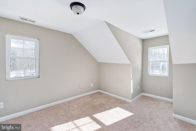 additional living space with vaulted ceiling and light carpet