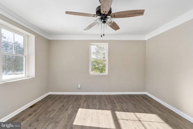 spare room with crown molding, wood-type flooring, and ceiling fan