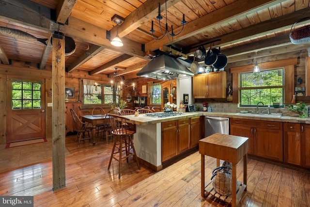 kitchen featuring appliances with stainless steel finishes, a healthy amount of sunlight, wood ceiling, and light wood-style flooring