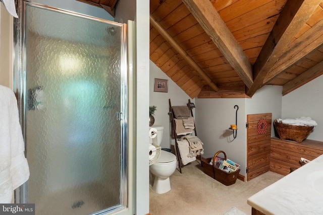 full bathroom featuring lofted ceiling with beams, toilet, wooden ceiling, and a shower stall