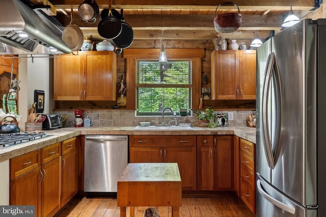 kitchen with a sink, light wood finished floors, appliances with stainless steel finishes, and exhaust hood