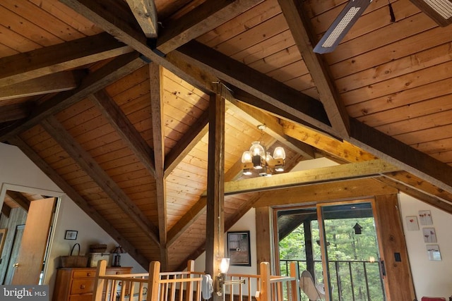 interior details featuring wood ceiling, a chandelier, and beamed ceiling