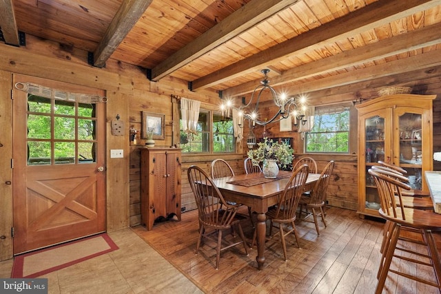 dining space featuring wood walls, a notable chandelier, wooden ceiling, and beamed ceiling