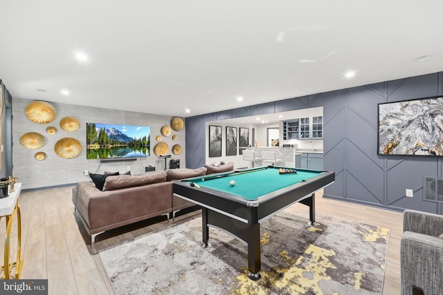 playroom featuring recessed lighting, visible vents, light wood-type flooring, and billiards