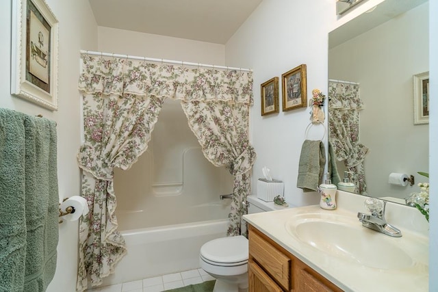 bathroom with toilet, tile patterned floors, shower / tub combo, and vanity