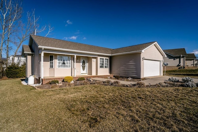 ranch-style home with a garage, driveway, covered porch, and a front yard