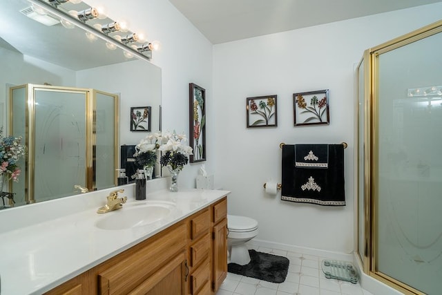 full bath featuring baseboards, toilet, a shower stall, and vanity