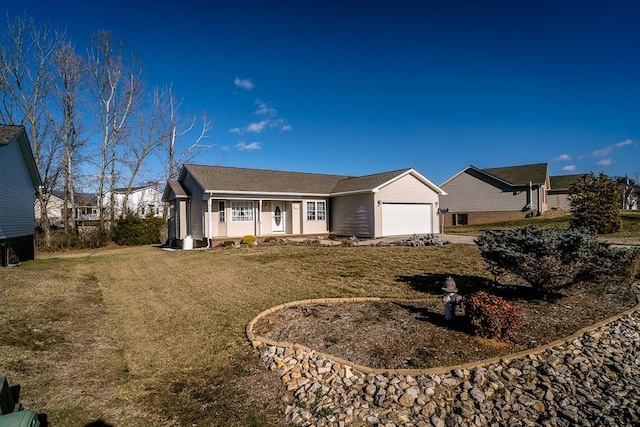 ranch-style house with a garage and a front yard