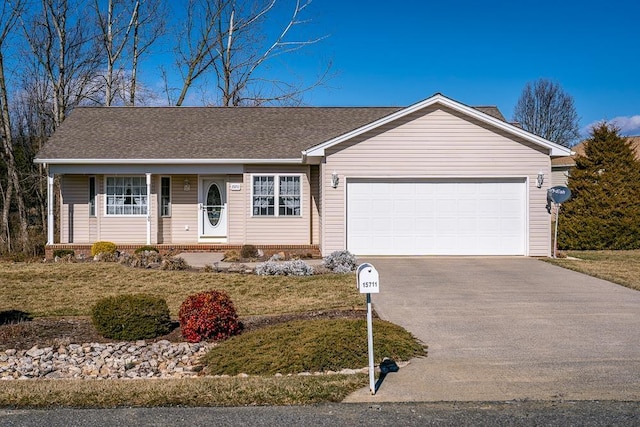 ranch-style home with a garage, brick siding, driveway, and a shingled roof