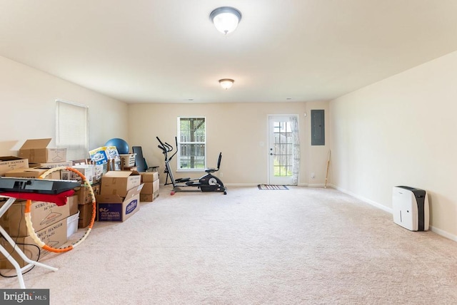 exercise room with carpet floors and electric panel