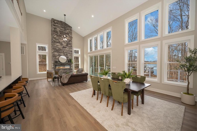 dining room with plenty of natural light, a fireplace, and wood finished floors