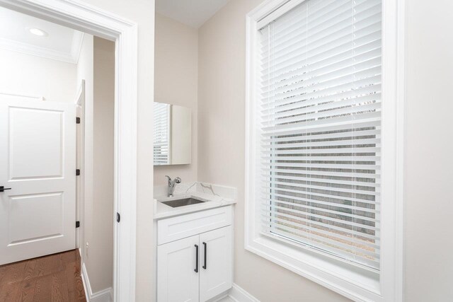 interior space featuring hardwood / wood-style flooring, ornamental molding, and vanity