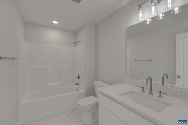 full bathroom with shower / bathing tub combination, vanity, and toilet