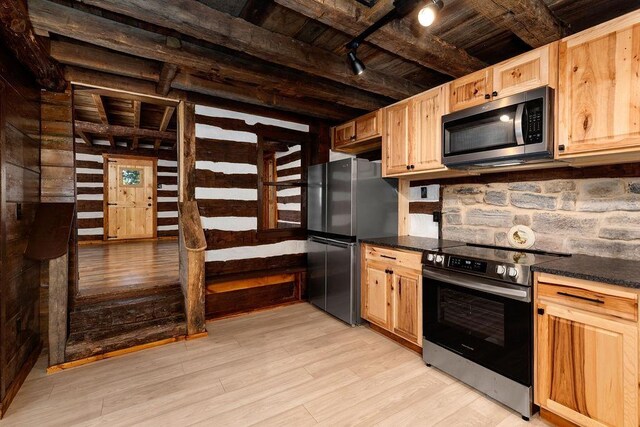 kitchen with light hardwood / wood-style flooring, stainless steel appliances, wooden ceiling, beamed ceiling, and light brown cabinets