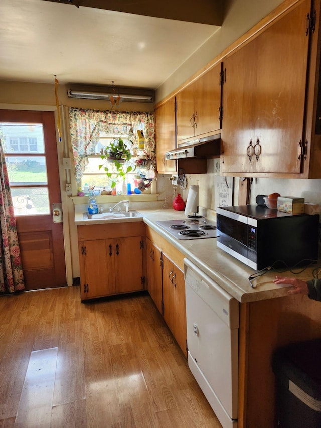 kitchen with light countertops, light wood-style flooring, stainless steel electric stovetop, white dishwasher, and under cabinet range hood