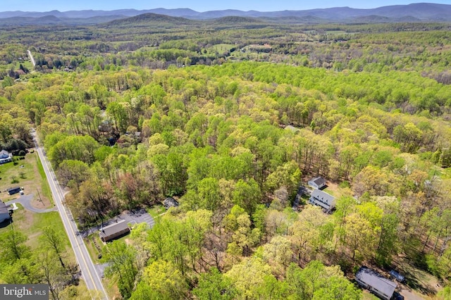 bird's eye view featuring a forest view and a mountain view