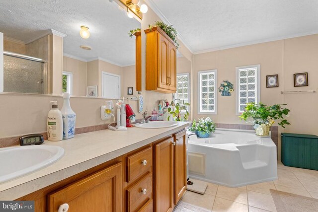 bathroom featuring tile patterned floors, crown molding, a textured ceiling, vanity, and independent shower and bath