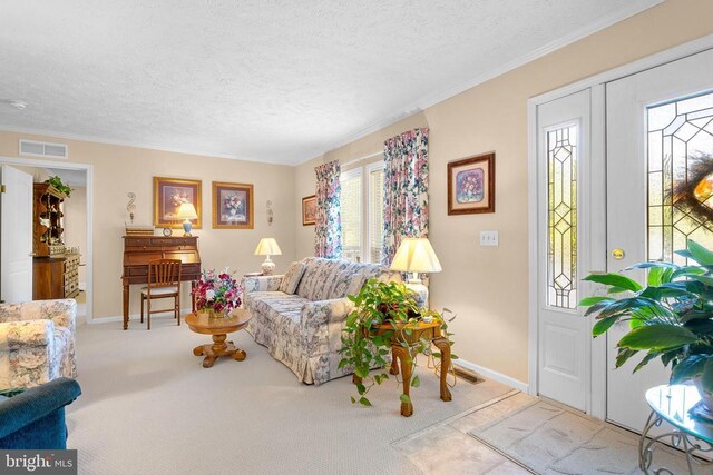 carpeted living room featuring ornamental molding and a textured ceiling