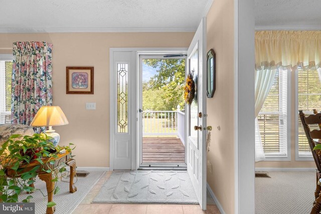 entryway with ornamental molding, a textured ceiling, and a wealth of natural light