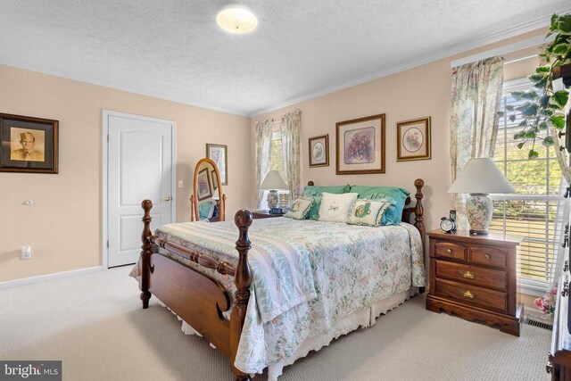 carpeted bedroom with multiple windows, crown molding, and a textured ceiling