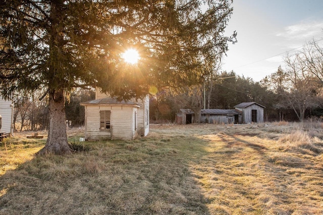 view of yard featuring a storage shed