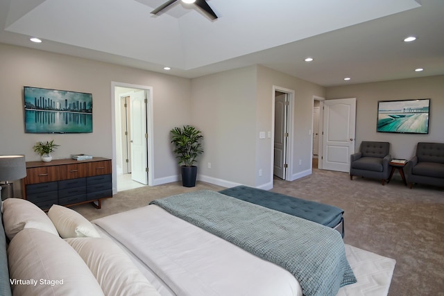 carpeted bedroom featuring ceiling fan