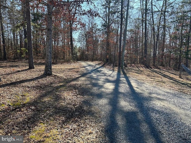 view of street featuring a forest view