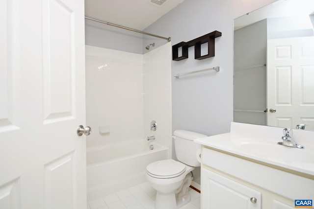 full bath featuring tile patterned floors, visible vents, toilet, vanity, and bathtub / shower combination