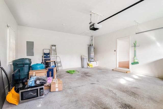 garage with water heater, a garage door opener, and electric panel