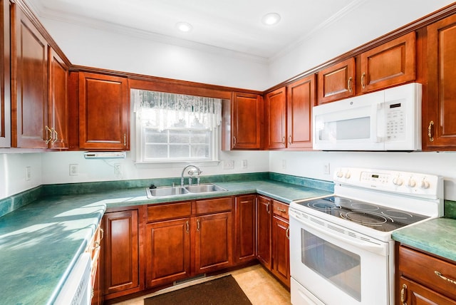 kitchen featuring crown molding, sink, and white appliances