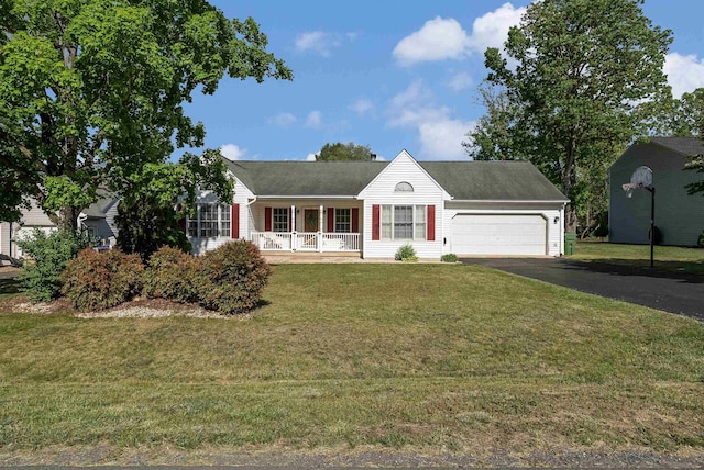 ranch-style house with roof with shingles, a front lawn, a garage, a porch, and driveway