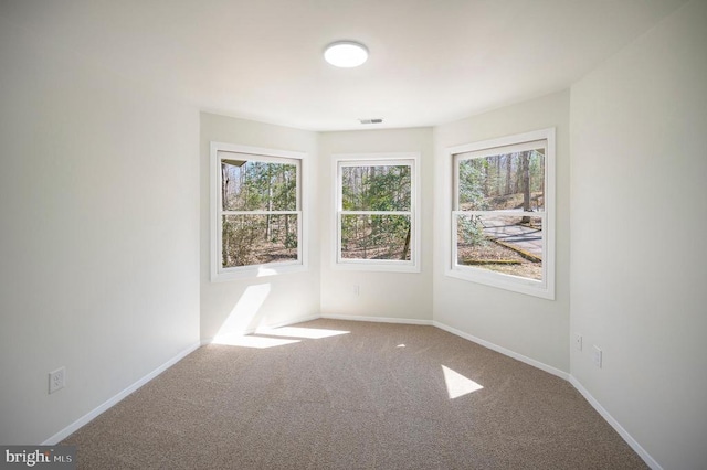 spare room with a wealth of natural light, visible vents, baseboards, and carpet floors